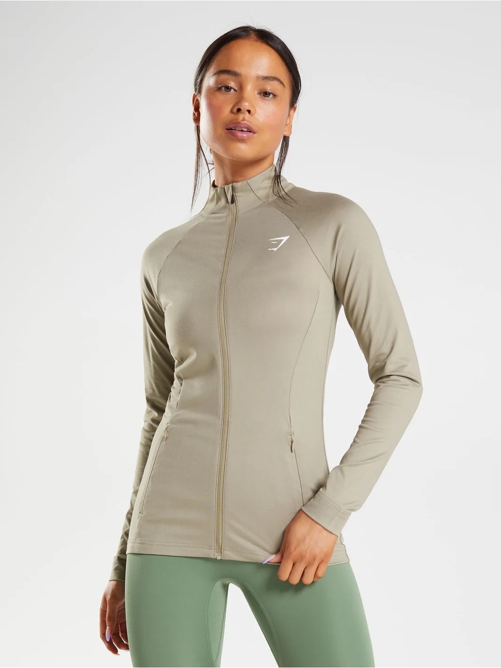 Gymshark Training Zip Up Jacket Slim Fit in Cement Brown, Size Medium